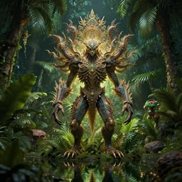 creature in a lush tropical vegetation, water reflection, night, backlit : : by michal karcz, daniel merriam, victo ngai and guillermo del toro : : ornate, dynamic, particulate, intricate, elegant, highly detailed, centered, artstation, smooth, sharp focus, octane render, 3 d