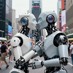 two robot kiss by brian sum, v - j day in times squar, color photos, hd photos, future photo, cyberpunk, by alfred eisenstaedt, hd photos