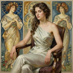 woman sitting in a chair. highly detailed, digital painting, artstation, concept art, smooth, sharp focus, illustration, art by artgerm and alphonse mucha, high definition digital art, in the style of Ross tran and ilya kuvshinov