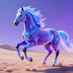 a stunning horse with bioluminescent mane and tail running by sandra chevrier and greg rutkowski, neon hooves, purple blue color scheme, vaporware, retro, outrun, high key lighting, volumetric light, digital art, highly detailed, fine detail, intricate, ornate, complex, octane render, unreal engine, photorealistic