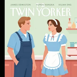 Twin Peaks art, of Michael Shannon dressed as mechanic talking to Jennifer Connelly wearing light blue diner waitress dress, poster artwork by James Edmiston and Tomer Hanuka, Kilian Eng, from scene from Twin Peaks, simple illustration, domestic, nostalgic, from scene from Twin Peaks, clean, New Yorker magazine cover