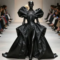 extremely beautiful female black statue wearing avant garde huge distorted comme de garcon haute couture gown in the style of rei kawakubo, couture, avant garde, the model is a black glossy marble statue, vogue, fashion, runway, collection, beautifully lit, glossy, hd, 4 k, 8 k, extremely clear focus, sharp, award winning fashion photograph
