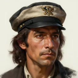 portrait of a rugged hispanic man wearing a sailors cap, victorian, concept art, detailed face, fantasy, close up face, highly detailed, cinematic lighting, digital art painting by greg rutkowski