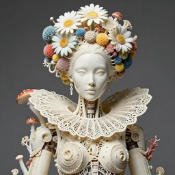 intricate hyper detailed ultra sharp porcelain ivory woman biomechanical cyborg, analog, studio light, iris van harpen haute couture, laser cut paper collar, headdress with daisies, colorful puffballs, mushrooms, rhizomorphs, brackets, sponge corals, intricate details, octane render, 8 k