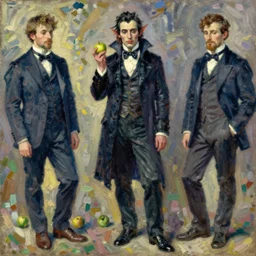 impressionist brushstrokes!!!! picasso and and richard schmid and jeremy lipking victorian loose genre loose painting full length portrait painting of a victorian male vampire holding a green apple