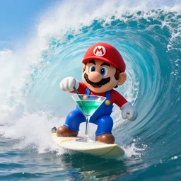 head on medium view of mario drinks a big martini and surfs inside the tube of a very large wave. the wave is about to collapse. highly detailed, professional high quality 4 k, action shot, dramatic lighting, unreal, cinematic, photorealistic, 3 d render