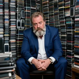 dslr photo still of infowars host alex jones in a blue suit fat grey beard and mustache!!! sitting depressed!!! in a!!! room filled to the ceiling with iphones stacks of cell phones iphones stacks iphones filling the entire room room filled with iphones!!!, 5 2 mm f 5. 6