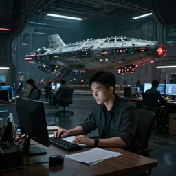 asian space program general leaning towards his desk at the office with the futuristic shanghai spaceship hangar in the background, busy, dark, cyberpunk, moody, ambient lighting, syd mead, artgerm, artstation