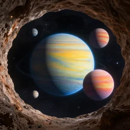 the most beautiful star system with large brightly coloared planets, inside of an expansive massive cave,, coherent design, symmetrical, concept art, vivid color, complementary color, golden ratio, detailed, sharp lines, intricate, rainbowshift, by sahm, octane render