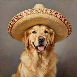 oil painting portrait of a golden retriever wearing a sombrero