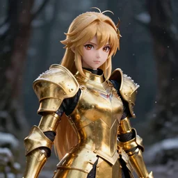 portrait focus of knight beautiful 3D anime girl, golden armor wearing, dark forest background, snowing, bokeh, inspired by Masami Kurumada, digital painting, high contrast, unreal engine render, volumetric lighting, high détail