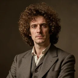 portrait painting of the mad orchestra conductor, with big messy curly brown hair, poorly shaven, wearing a plain suit, short hair, journalistic, looked gaunt, handsome, confident, full unreal render cinematic lighting art 1 9 2 0 period drama by bussiere rutkowski andreas rocha