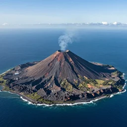 volcano on an island and the ocean in the background