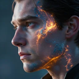 still frame from blockbuster comicbook movie showing a closeup of a character, their face in profile, showcasing impressive groundbreaking cgi with subsurface illumination effects which make the character appear to be made of cherenkov radiation.
