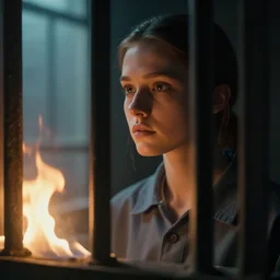an ultra realistic, cinematic, close up portrait, of a young woman, looking in the window, fire, dramatic, soft light, dreamy, facial features, stood in a cell, with prison clothing, detailed, deep focus, movie still, dramatic lighting, ray tracing, by michal karcz and yoshitaka