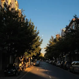 sun is shining on the street, on the moon