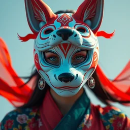 close up portrait shot of a beautiful woman wearing a kitsune mask and flowing colourful clothes, alphonse mucha, rhads, ross tran, artstation, artgerm, octane render, 1 6 k