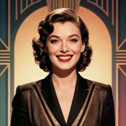 smiling, happy, beautiful, intelligent, powerful 1 9 2 0 s movie star loving eyes, fully clothed, wise, beautiful, dramatic lighting, sharp focus, art deco patterns by stanley artgerm, retro futurism, dramatic lighting, trending on artstation, flat colour, geometric curves, gradient filter