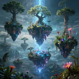 floating islands connected by energy, avatar landscape, high - tech space cult with trees and plants and alien flowers, dramatic lighting, epic, octane render, volumetric light, unreal engine, artbreeder, 8 k, background, scene, digital, artwork, high quality, 8 k