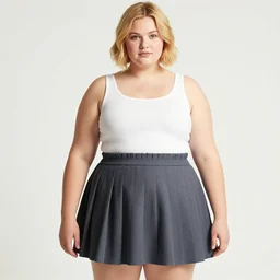 a high resolution photo of a cute, plump, chubby, blond, teenage model with short hair wearing a short, pleated skirt. teen vogue.