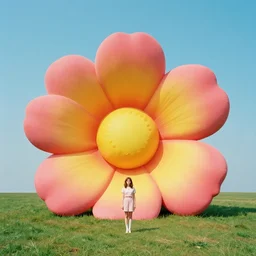 giant flower head, girl standing, 1 9 6 0 s, surreal photography, symmetry, mid century, liminal space, bright colours, wes anderson