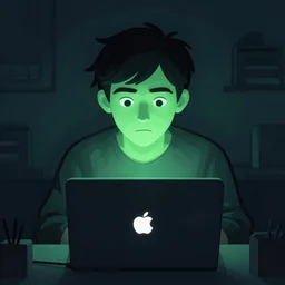 computer nerd sitting in a dark room in front of laptop computer, green computer glow on face, digital illustration, illustration, detailed, symmetrical face,