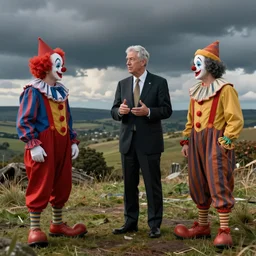 Jerome Powell talking with clowns, full body, photo realistic, highly-detailed