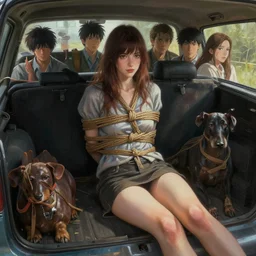 highly detailed painting of a beautiful female tied up in a back of the car, stephen bliss, 8 k, unreal engine, by greg rutkowski, loish, rhads, artgerm, ferdinand knab, makoto shinkai and lois van baarle, ilya kuvshinov, rossdraws, tom bagshaw, global illumination, radiant light, detailed and intricate environment