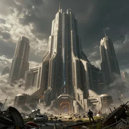 an epic photobashing of a epic cyberpunk military building, alien civilization, futuristic, hyper - realist, post apocalypse, nuclear war, by beeple and fvckrender and visualdon, trending on cgsociety