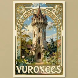 The abandoned wizard\'s tower in the overgrown garden. Art Nouveau poster.