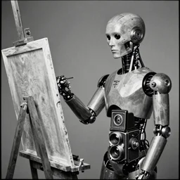 photo of cyborg painter standing at an easel by diane arbus, black and white, high contrast, rolleiflex, 5 5 mm f / 4 lens