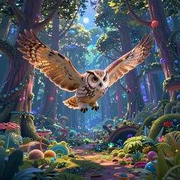 a single realistic owl, flying in a psychedelic forest, wide angle landscape shot, pixar style by tristan eaton, artgerm and tom bagshaw