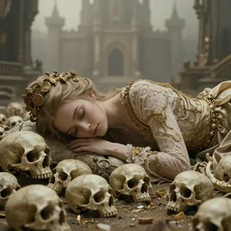 cinestill 5 0 d wide portrait of a dreamy woman by liebovitz, sleeping on a bad made of skulls, ancient misty castle environment, pale gold tonal matt, hair intricate style, wearing intricate ancient lace, elegant, highly detailed, soft blur, artstation, sharp focus, head in focus,