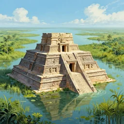 a partially sunken aztec temple in the florida everglades, in a historical illustration style