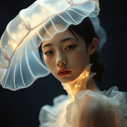 closeup shot of asian female wearing a luminous soft fragile jelly fish dress, by ray caesar, by louise dahl wolfe, by andrea kowch, by anna claren, surreal photography