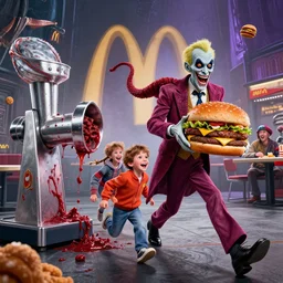dystopian lovecraftian mcdonalds 2 0 2 0 superbowl commercial starring the hamburglar! with a bloody meat grinder! chasing! a smiling happy family in the style of h. r. giger