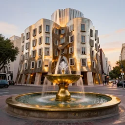 organic frank gehry city street, brass water fountain, sunset lighting, hyperrealism, futurism 4 k, octane render