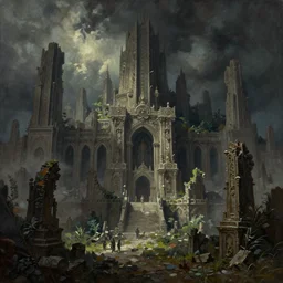 detailed oil painting of the ancient overgrown ruins of a once great heavenly city, dark souls iii, 8 k resolution, smooth, sharp focus, dramatic dark eerie lighting, matte painting