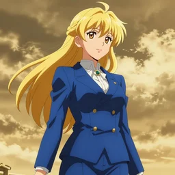blonde - haired princess, anime princess, wearing blue suit, golden hour, partly cloudy sky, sepia sun, strong lighting, strong shadows, vivid hues, ultra - realistic, sharp details, subsurface scattering, intricate details, hd anime, 2 0 1 9 anime