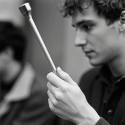 stunning bw film photograph of ( ( ( ( patrick holding a plumbus ) ) ) ), closeup, aperture 1. 2