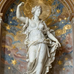 saint Woman Venus Athena beautiful gracious baroque rococo marble and gold in space sistina stars clouds
