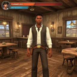 screenshot of gameplay dating simulator game set in 1 8 4 2, interior of old west saloon, featuring african american and japanese cowboys and cowgirls in ghost town with buildings painted bright pastel colors, morning light with mountains in the background