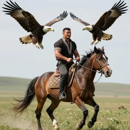 the strongest kazakh man riding on a horse, high definition, photorealistic, eagle in the background, steppe enviroment