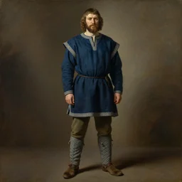 portrait of norse man wearing historically accurate woad - dyed wool tunic with tablet - woven trim and short keyhole collar, undyed wool trousers, grey woven legwraps and cowhide turn shoes with leather toggles. oil painting, style of rembrandt