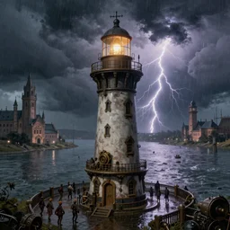 closeup photo, a steampunk lighthouse keeper, lighthouse, a dark storm closes in over a river, lightning and rain, digital painting, fantasy vista, huge crowd running in the rain, baroque gothic victorian vista