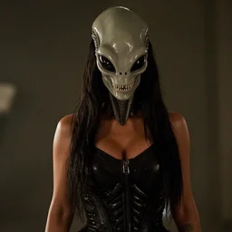 movie still of kim kardashian wearing alien facehugger mask, in the movie alien. cinematic full shot.