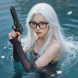 a beautiful + white hair + cool black glasses + holding pistol + tights + ana de armas + dream water, beautiful smooth soft light + white petal, oil paint, cinematic lighting, realistic photo, unreal engine 5, 7 2 mm lens, 4 k, highly detailed, instagram,