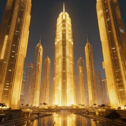 a futuristic sci-fi city made of giant glowing golden monoliths