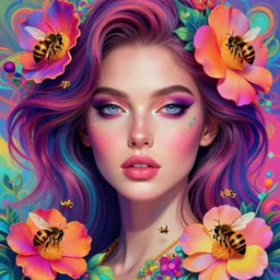 young beautiful woman, french art, woman, gorgeous face, vaporwave aesthetic, synthwave, colorful, psychedelic, artstation, flowers, bees, smooth, extremely sharp detail, finely tuned detail, 8 k, unreal engine 5, ultra sharp focus, illustration, art by artgerm and greg rutkowski and alphonse mucha