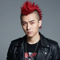 young man with a short red dyed mohawk, red eyes and a slim face, dressed in punk clothing, punk style, portrait photo, attractive, handsome, in color,